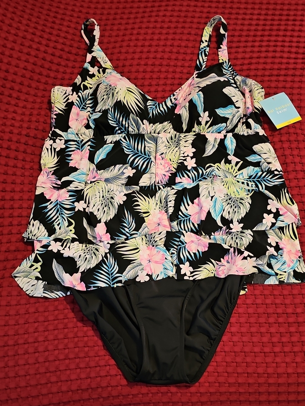 22W NWT Ruffle Tier One-Piece Swimsuit - Black Floral